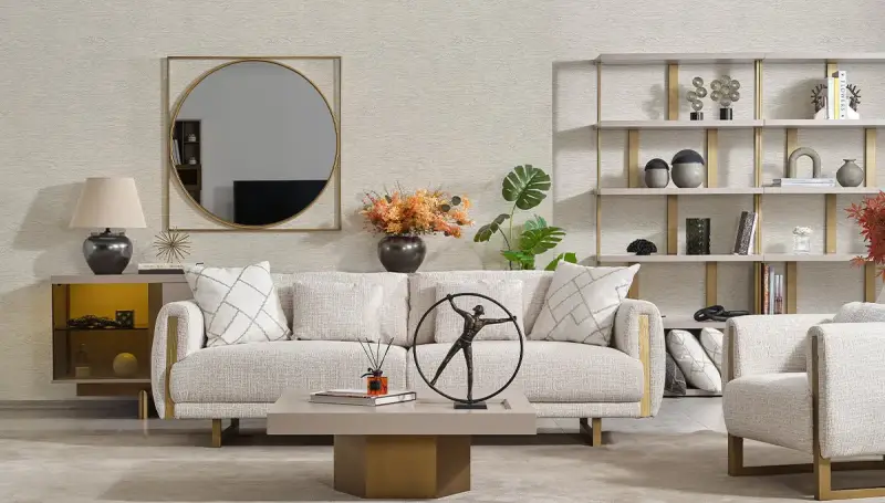 Begonvil Krem Modern Üçlü Koltuk 