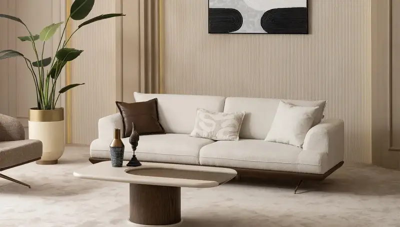 Bodrum Modern Krem Üçlü Koltuk 