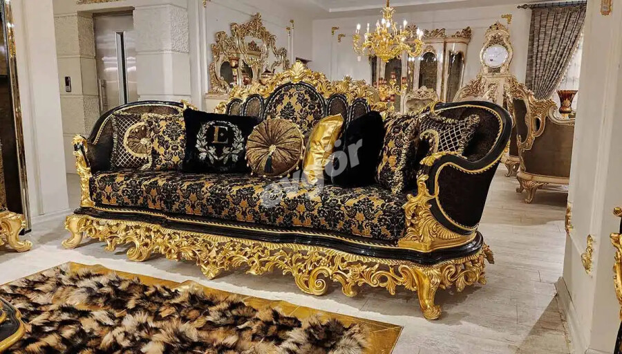 Kamelya Siyah Klasik Üçlü Koltuk