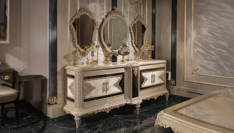 Laleli Krem Klasik Konsol + Ayna 