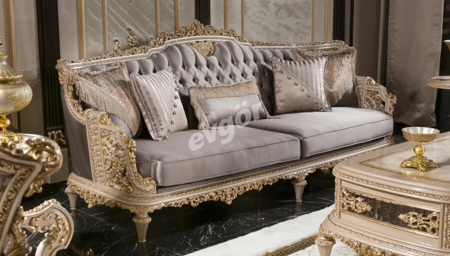 Laleli Krem Klasik Üçlü Koltuk