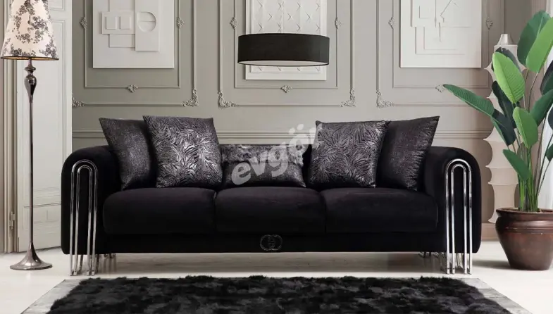 Ancela Siyah Modern Üçlü Koltuk - 1