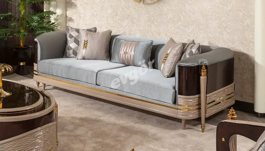 Valeria Ceviz Mavi Üçlü Koltuk - 1